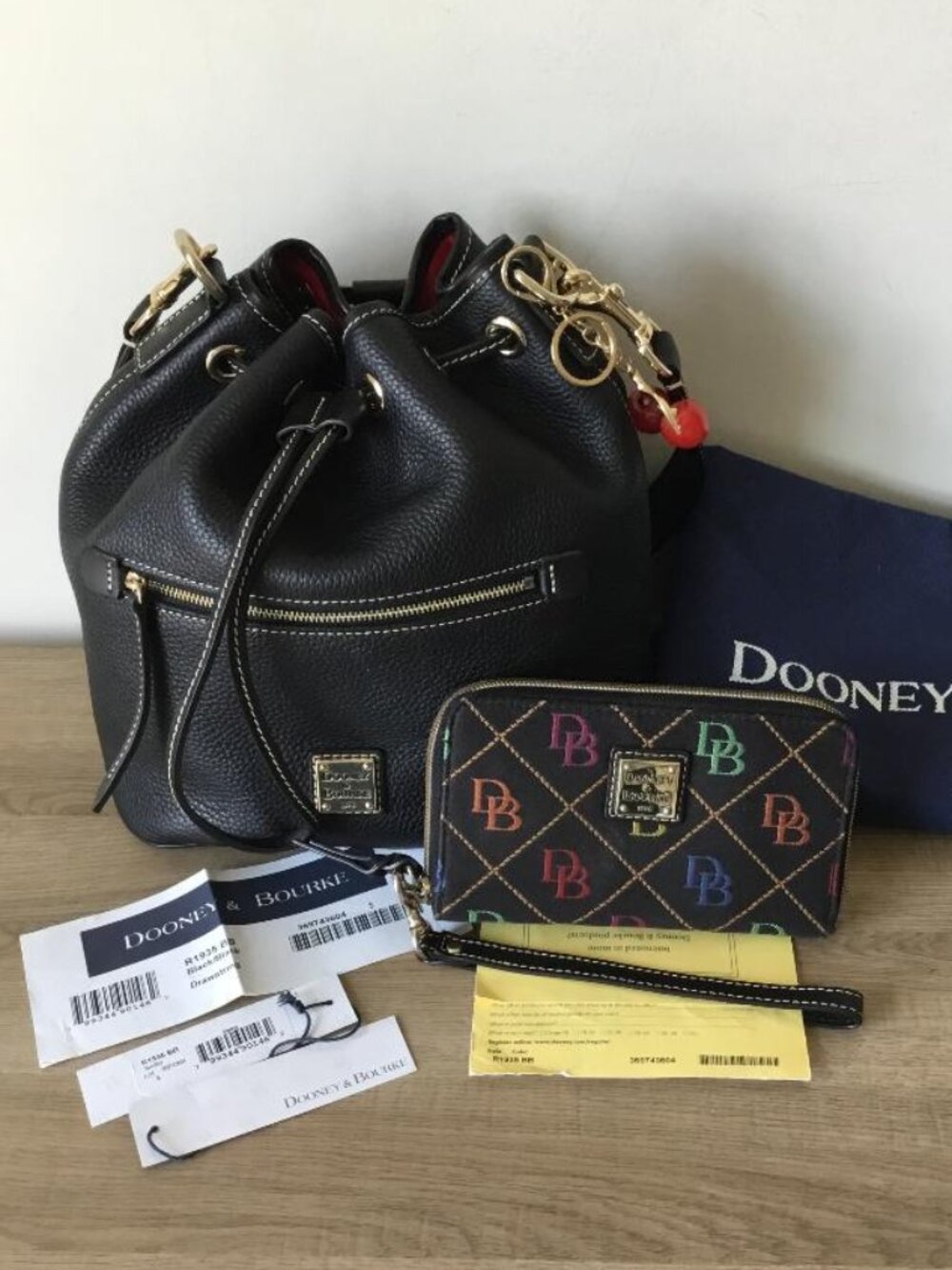 Dooney & Bourke Black Leather Drawstring Bag w/Wallet, Dusty & Cherry Charm NWOT